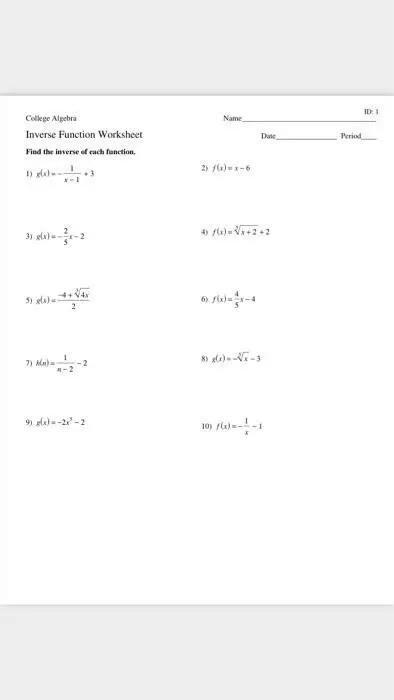 College Algebra Inverse Function Worksheet