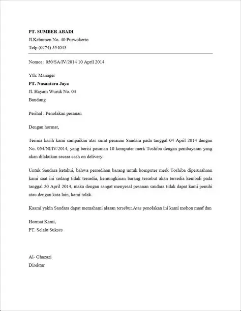 Contoh Surat Penolakan Lamaran Pekerjaan