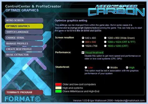 Features of the NFS Carbon Control Panel