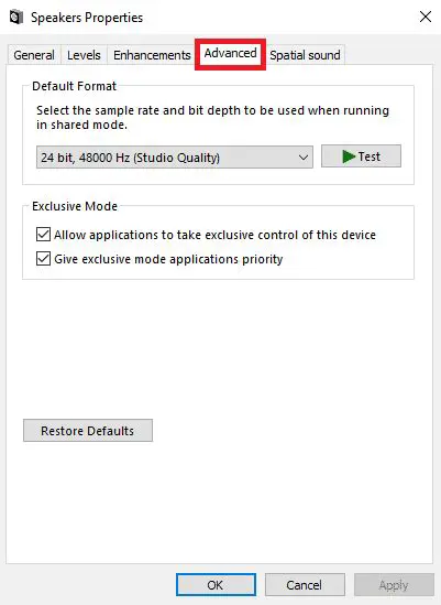 Navigate to the Advanced tab