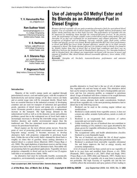 Performance and emissions of diesel engines using methyl ester jatropha oil