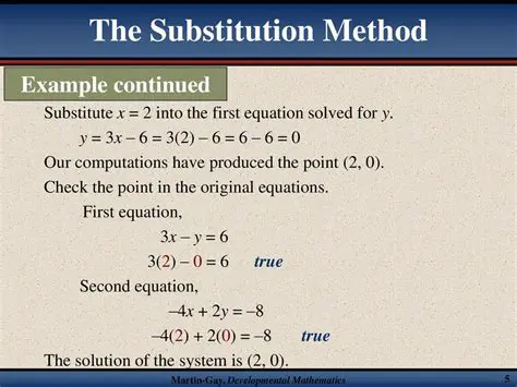 Substitute the solution into the first equation