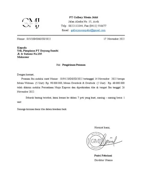 Surat pengiriman pesanan harus melampirkan faktur pembelian