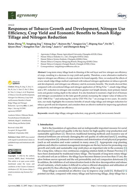 The Effects of Nitrogen and Kinetin on Tobacco Growth and Yield